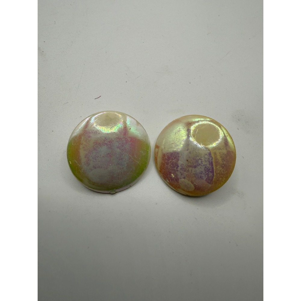 Vintage Iridescent Faux Pearl Clip On Earrings Round Oversized Button Luminous